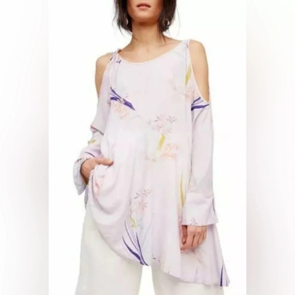 FREE PEOPLE Clear Skies Lavender Floral Cold Shoulder Tunic Mini Dress XS Bell